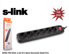 Priz  6'lı 1.5m Akım Korumalı 750 Joul Priz Siyah S-link SPG6-750
