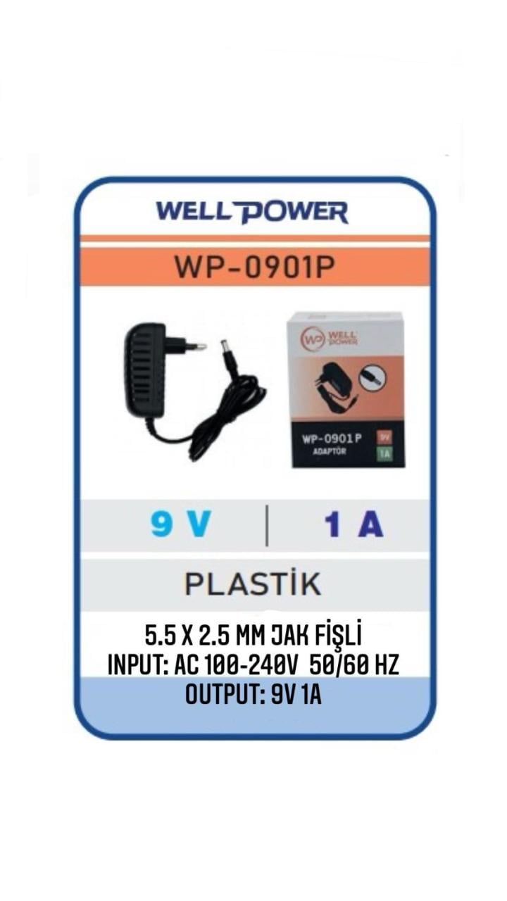 WELLPOWER WP-0901P 9V 1A ADAPTÖR 9 VOLT 1 AMPER 5.5 x 2.5 MM JAK FİŞLİ  PLASTİK KASA