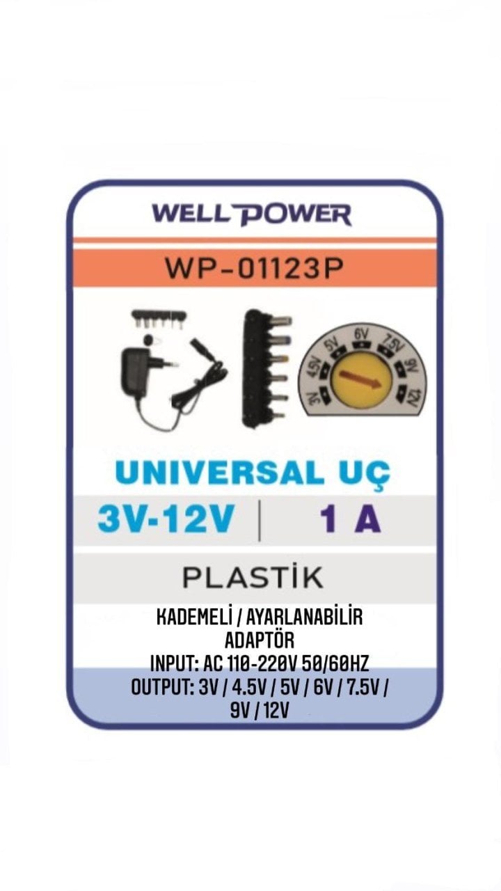 12W 3V-12V ADAPTÖR 3-12 VOLT 1 AMPER UNIVERSAL UÇ KADEMELİ/AYARLANABİLİR ADAPTÖR WELLPOWER WP-01123P
