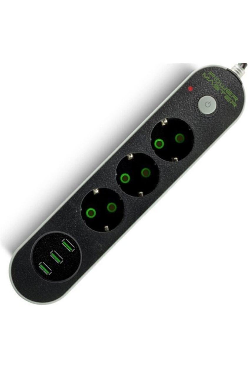 POWERMASTER 17021 PRİZ 3'LÜ 2 METRE KABLOLU 3 USB ÇIKIŞLI 3'LÜ AŞIRI YÜK KORUMALI PRİZ