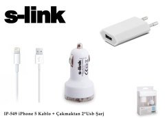 S-link IP-549 Telefon Şarj Seti 3'lü  iPhone 5 + iPad Mini 2000MA 3 in 1 Ev+Araç+Data Şarj Kablosu