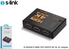 S-link SL-HSW4K33 3'Lü Hdmı Çoklayıcı HDMI 3 TO 1 SWITCH 4K*2K, IR +Adaptör