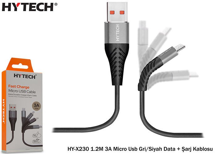 Hytech HY-X230 TELEFON ŞARJ CİHAZI 1.2M 3A 15W MİCRO USB DATA/ŞARJ KABLOSU GRİ/SİYAH