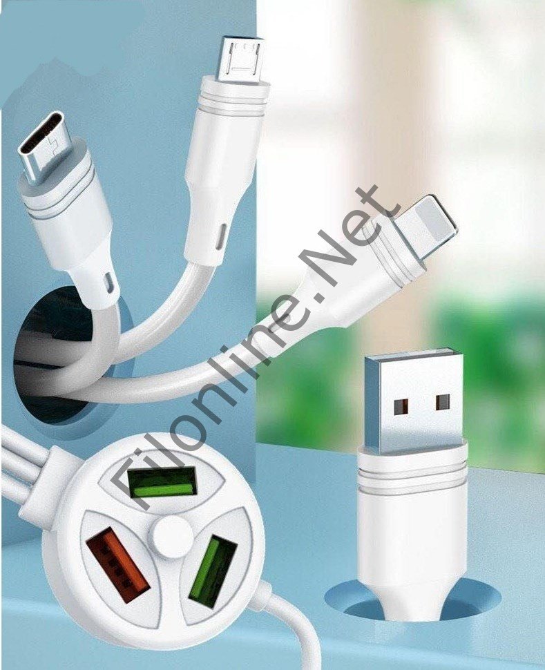 FİLONLİNE ŞARJ KABLOSU EXTENDED DATA CABLE 3 PLUG & 3 USB PORT 3.1A MICRO, IPHONE, TYPE-C DATA KABLO