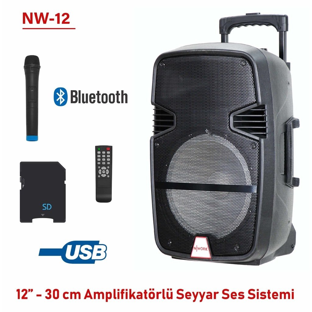 NWORK NW-12 SEYYAR SES SİSTEMİ 12V 2600MAH 12'' 30CM AMPLİFİKATÖRLÜ BT/USB/SD/FM/AUX/ SES SİSTEMİ