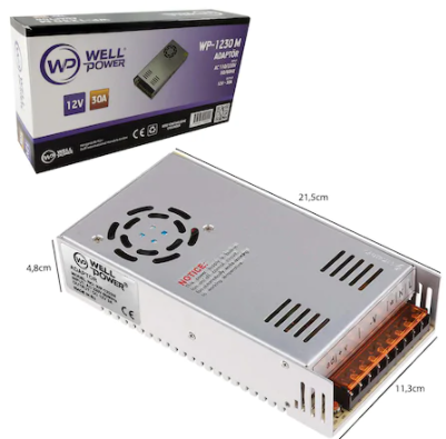 ADAPTÖR METAL KASA  12V 30A AC 100-240V 50-60HZ METAL KASA FANLI ADAPTÖR WELLPOWER WP-1230M
