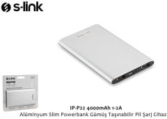 S-LINK IP-P22 POWERBANK 4000MAH 1-2A  DC 5V/1A ALÜMİNYUM SLİM TAŞINABİLİR PİL ŞARJ CİHAZI GÜMÜŞ