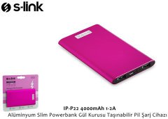 S-LINK IP-P22 POWERBANK 4000MAH 1-2A  DC 5V/1A ALÜMİNYUM SLİM TAŞINABİLİR  ŞARJ CİHAZI GÜL KURUSU