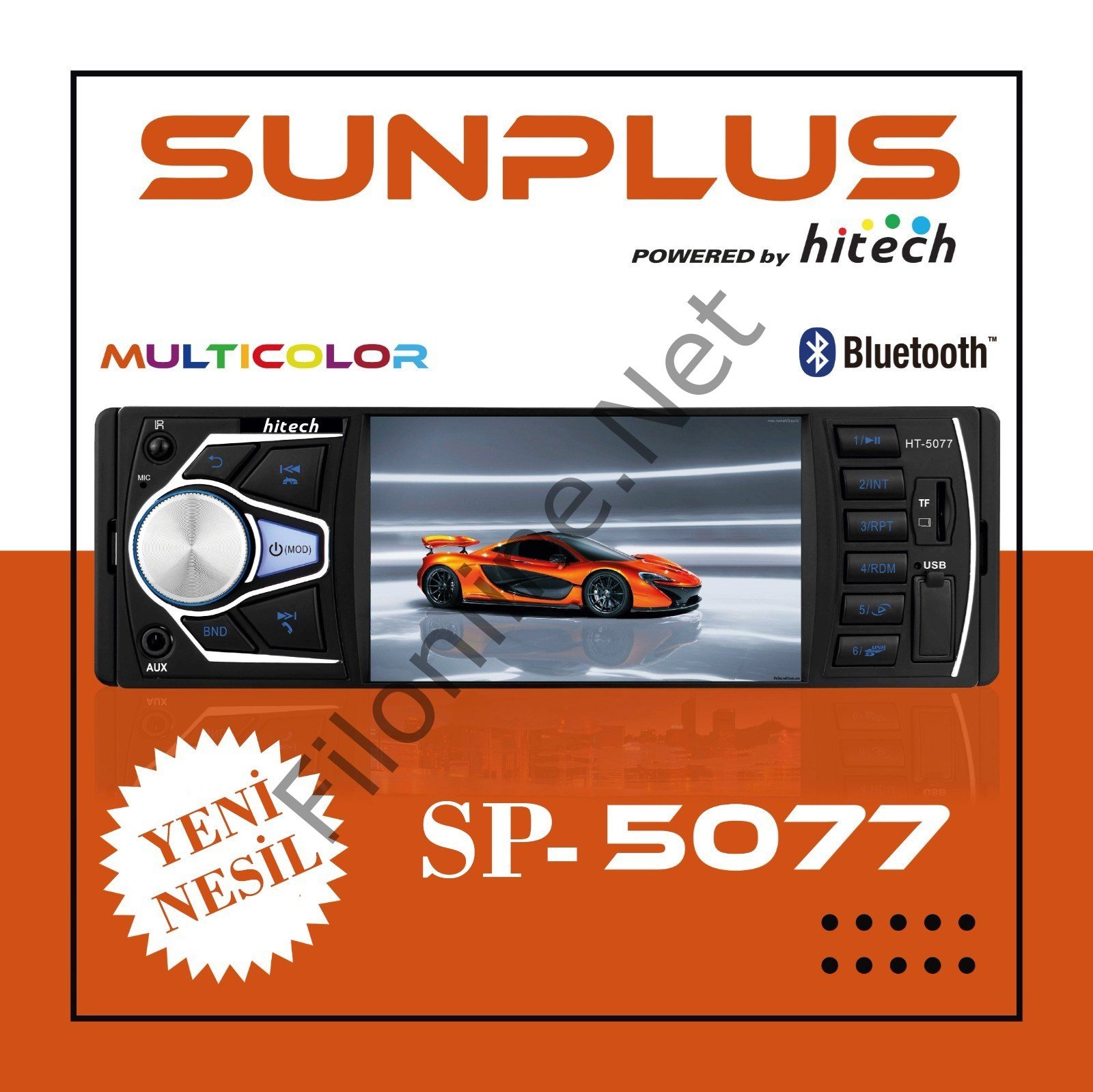 SUNPLUS SP-5077 7 RENKLİ MULTİ COLOR 4 İNÇ BLUETOOTH'LU 55WX4 OTO TEYP 