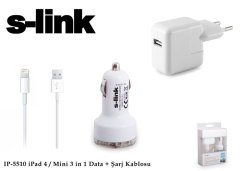 S-LINK IP-5510 ŞARJ CİHAZI IPAD 4/MİNİ 2000MA 240V ÇAKMAKLIK 3 IN 1 EV +ARAÇ+ DATA ŞARJ KABLOSU