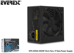 EVEREST EPS-600A POWER SUPPLY 12CM FANLI REAL 600W 4*SATA AKTİF PFC OYUNCU PC DESTEKLİ POWER SUPPLY