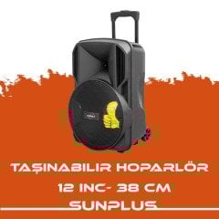 SUNPLUS HT-1230 HOPARLÖR 12'' 30CM SD/MMC/USB/MP3/FM BT'LU LCD EKRAN KUMANDALI TAŞINABİLİR HOPARLÖR